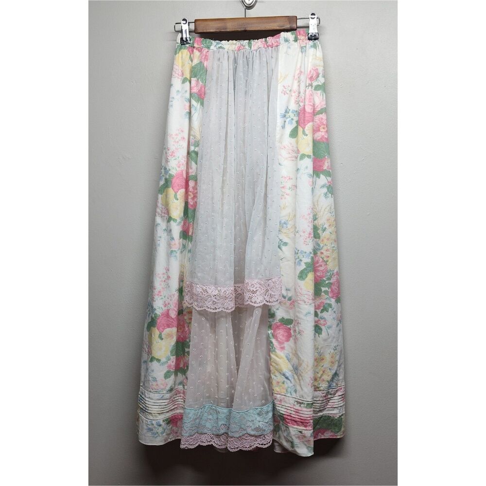 Lauren Ralph Lauren Upcycled Maxi Skirt Women 6 Floral Sheer Front Whimsical